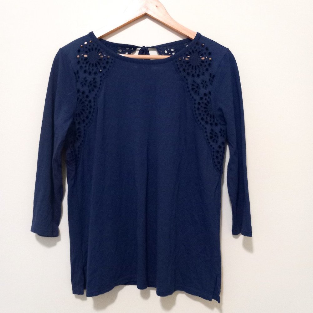 J. JILL Women's Navy Blue Cotton Blend Eyelet Trim Casual Top Size S